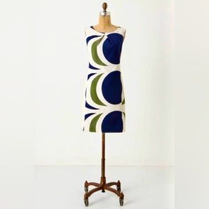 ANTHROPOLOGIE Tabitha Mod Circles Navy & Olive White Retro Sheath Dress, Sz - 2